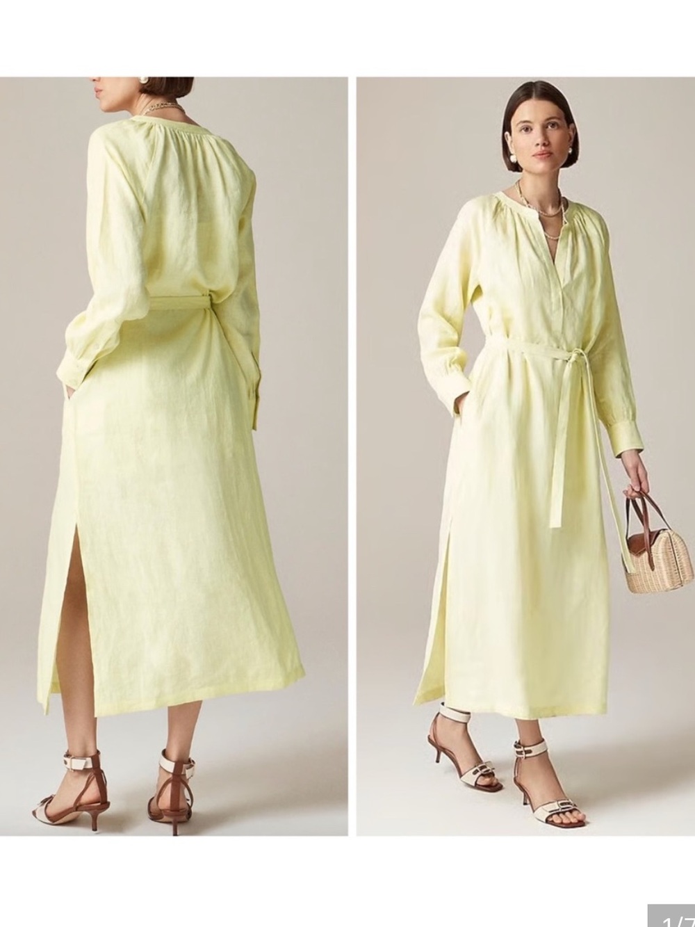 J. Crew Cabana 100% Linen Yellow Long-Sleeve Maxi Dress Women’s Size Medium